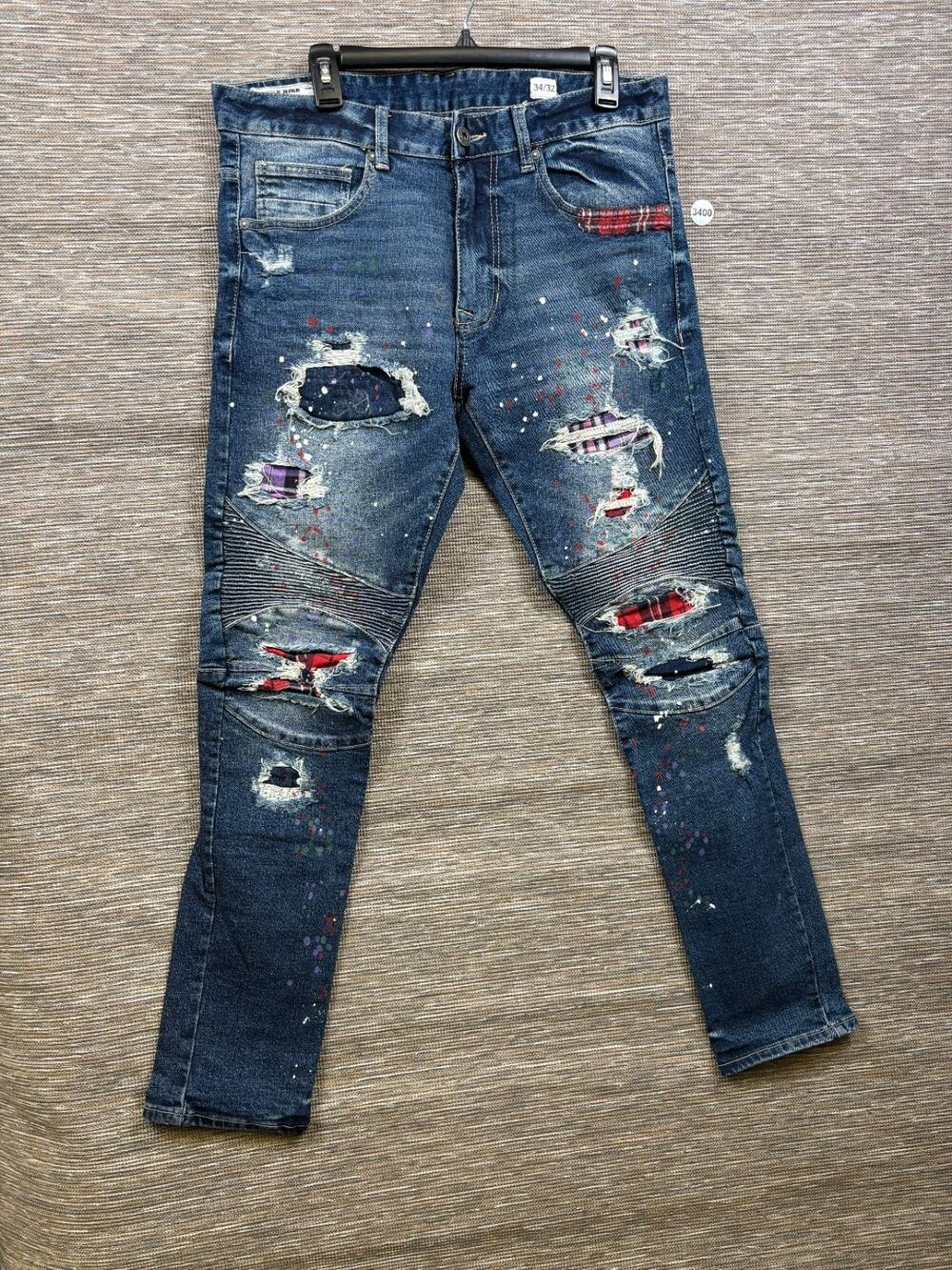 Smoke Rise Skinny Jeans Mens Size 34/32 Medium Wash Distressed Hand Made Denim